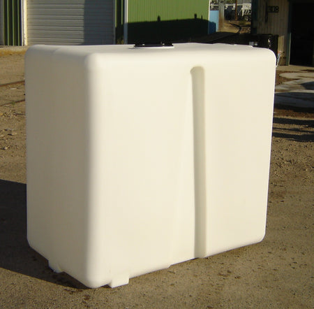 White rectangular polyethylene storage tank with a lid, situated outdoors on a concrete surface.