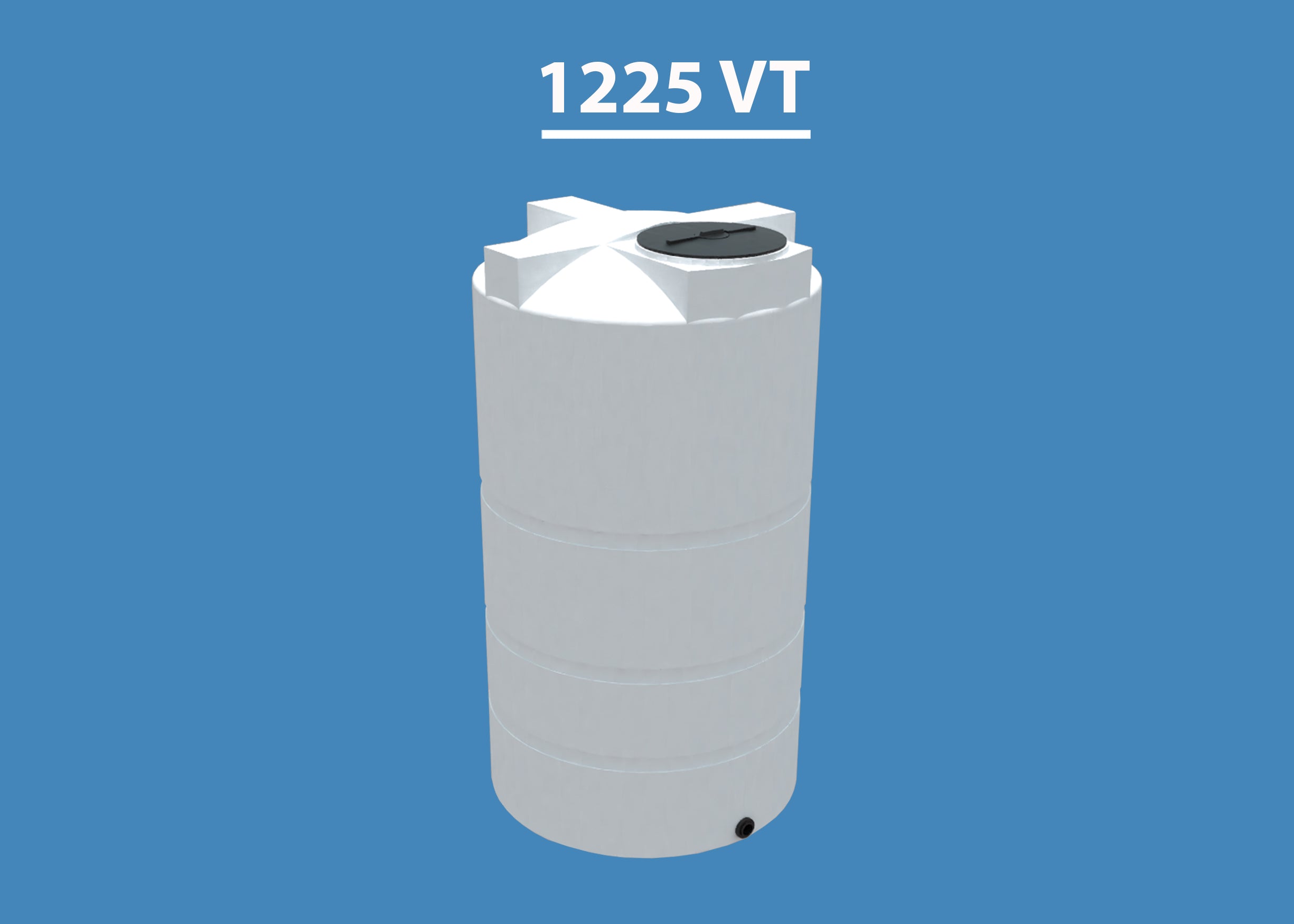 A vertical, white, 1225 gallon water storage tank with a 24 inch lid and a 2 inch outlet.