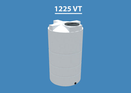 A vertical, white, 1225 gallon water storage tank with a 24 inch lid and a 2 inch outlet.