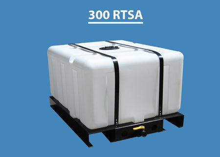 A white rectangular water storage tank with black skid assembly, labeled '300 RTSA'.