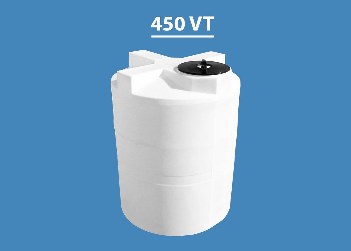 A white, vertical, 450 gallon water storage tank with a black lid.