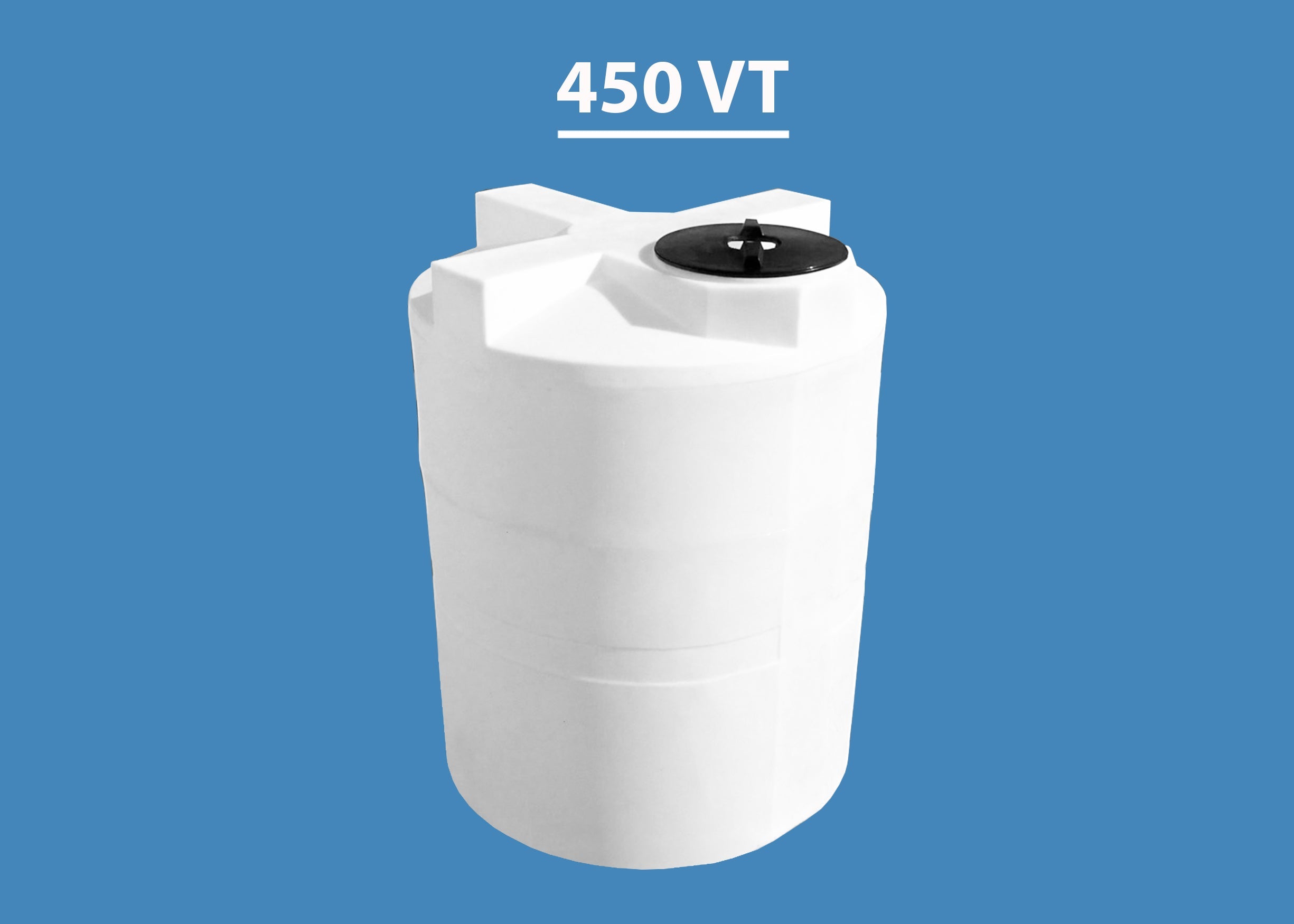 A white, vertical, 450 gallon water storage tank with a black lid.