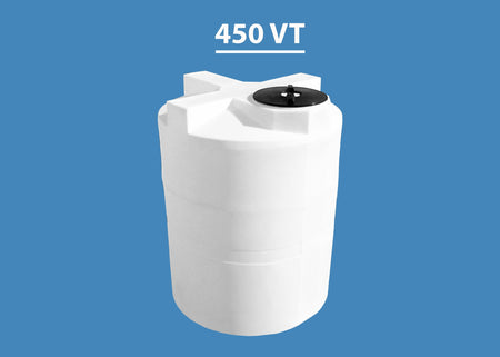 A white, vertical, 450 gallon water storage tank with a black lid.