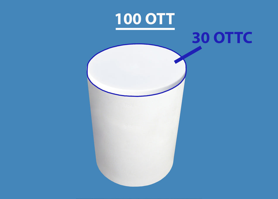 White cylindrical container with measurements on a blue background