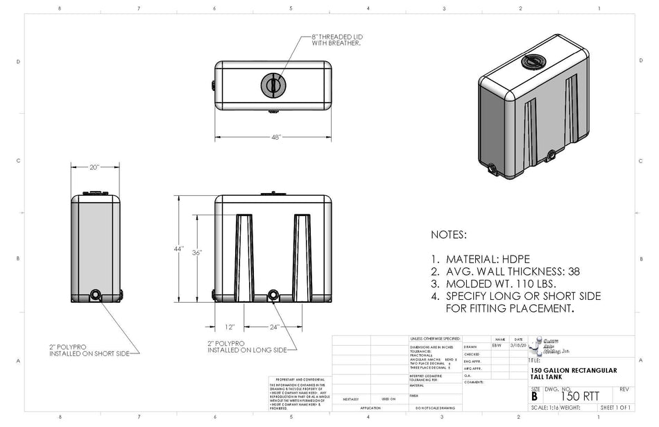 150 Gallon Rectangular Tall Tank