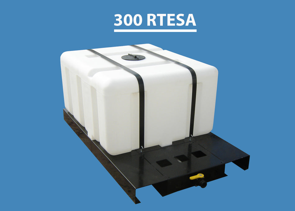 White storage tank on a black stand with '300 RTESA' text on a blue background