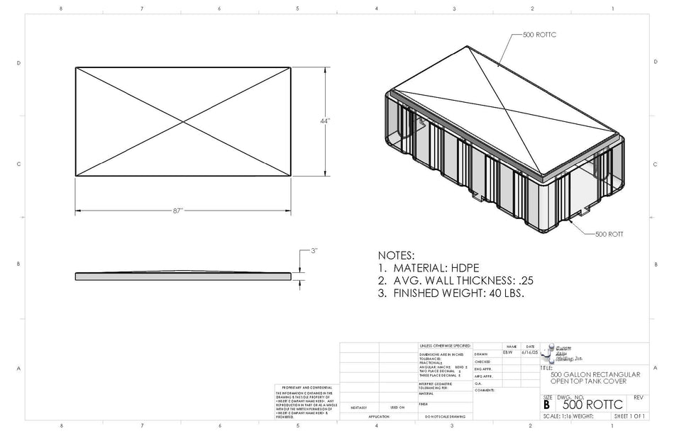 Technical drawing of a rectangular container with dimensions and specifications.