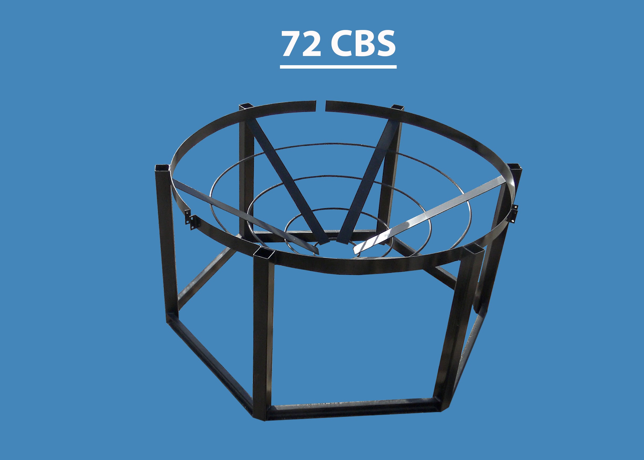 Black metal cage with '72 CBS' text on a blue background