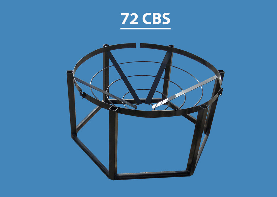 Black metal cage with '72 CBS' text on a blue background