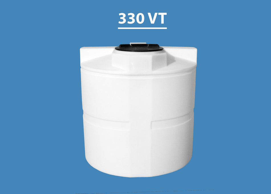 Vertical white 330 gallon storage tank with a black lid on top, designed for water storage.