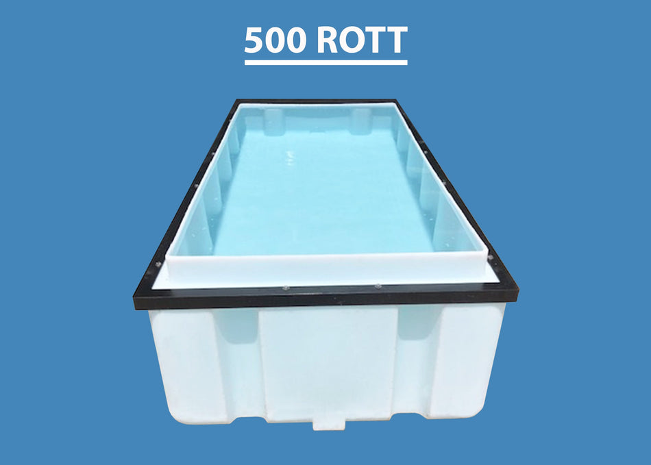 A rectangular, white 500 gallon water storage tank with a black top.