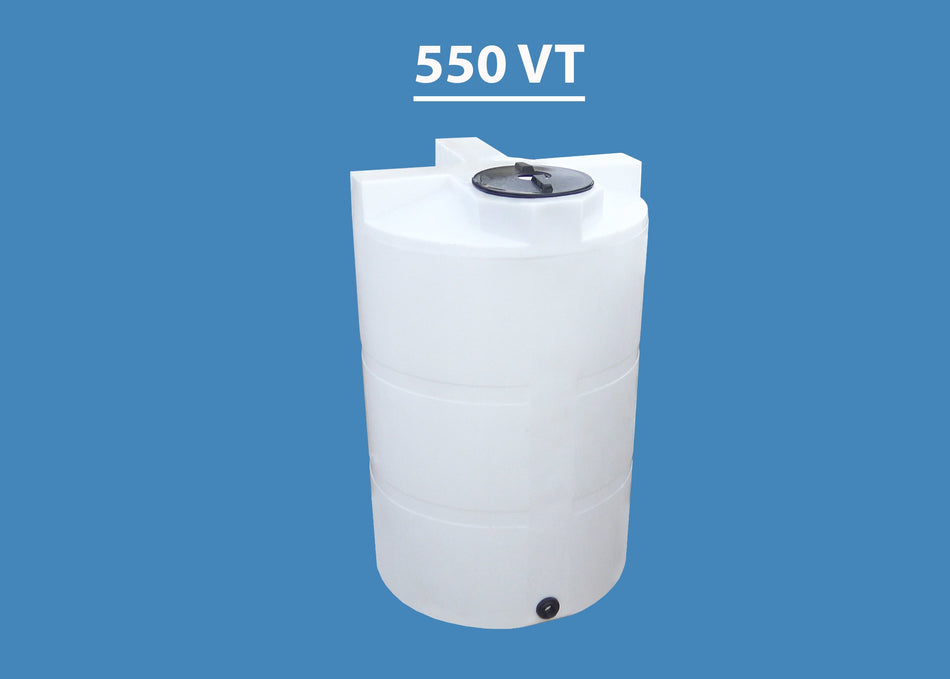 A white 550 gallon vertical emergency water storage tank with a vented lid.