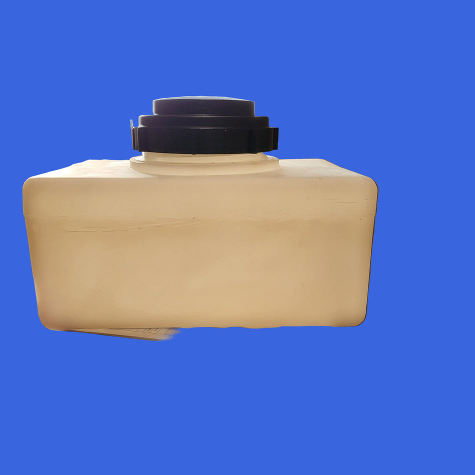 A beige 3 gallon rectangular polyethylene tank with a black lid, placed on a wooden surface.